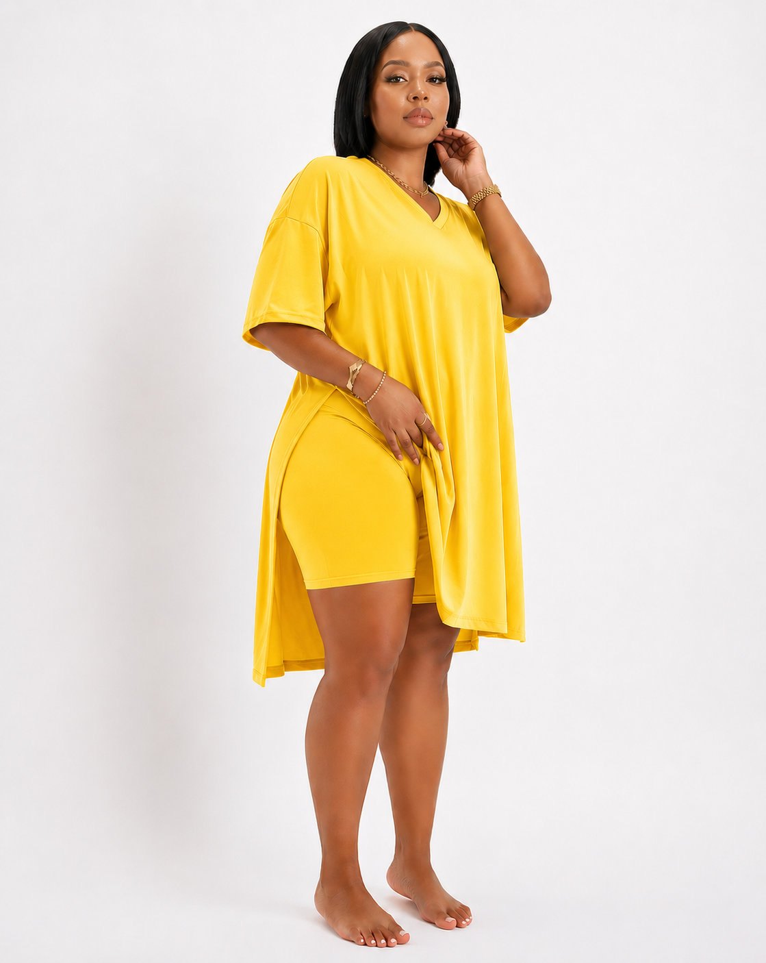 Yellow Serenity Lounge Set – Oversized Tunic & Biker Shorts