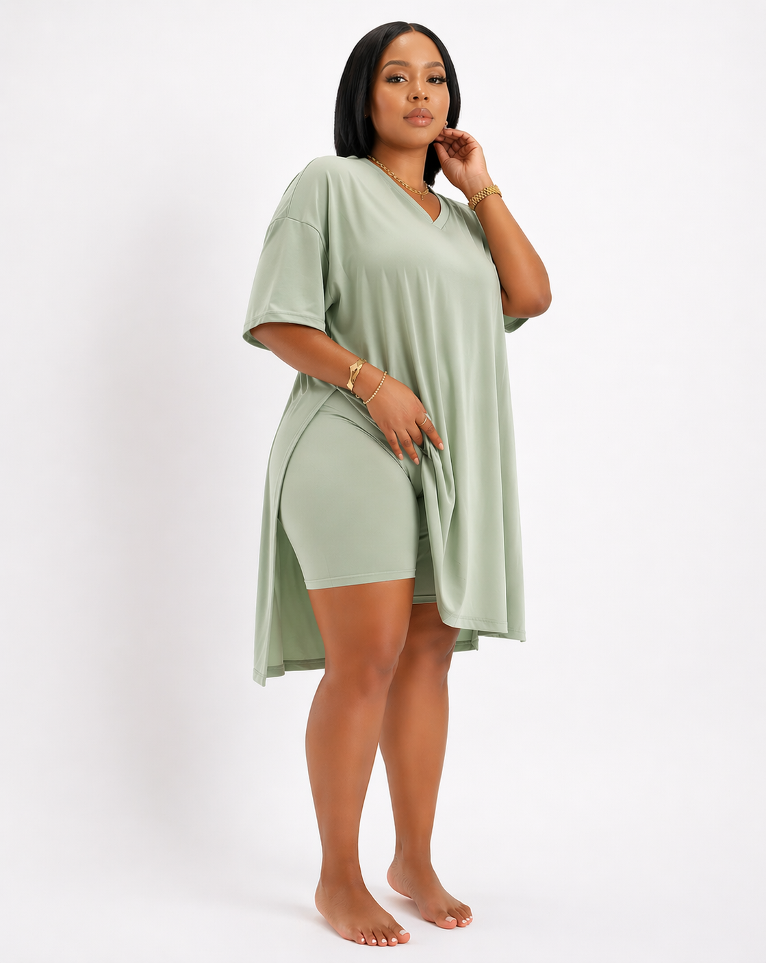 Sage Serenity Lounge Set – Oversized Tunic & Biker Shorts