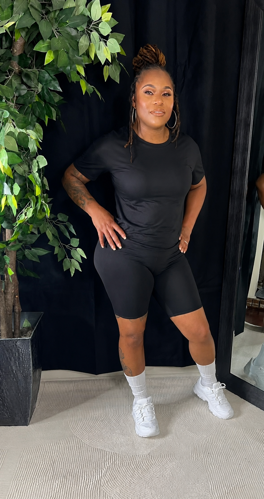 Black Bliss Biker Short Set Crew neck Ships 6/7