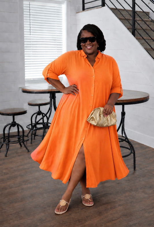 Flowy Button Down Dress (Orange)