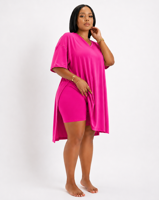 Fuchsia Serenity Lounge Set – Oversized Tunic & Biker Shorts