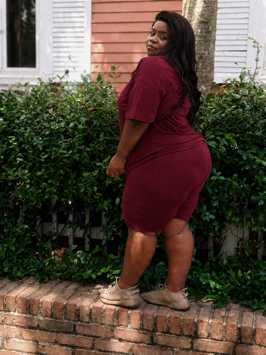 Burgundy Bliss Biker Short Set crew neck