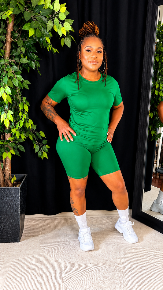 Kelly Green Bliss Biker Short Set Crew neck Ships 6/7